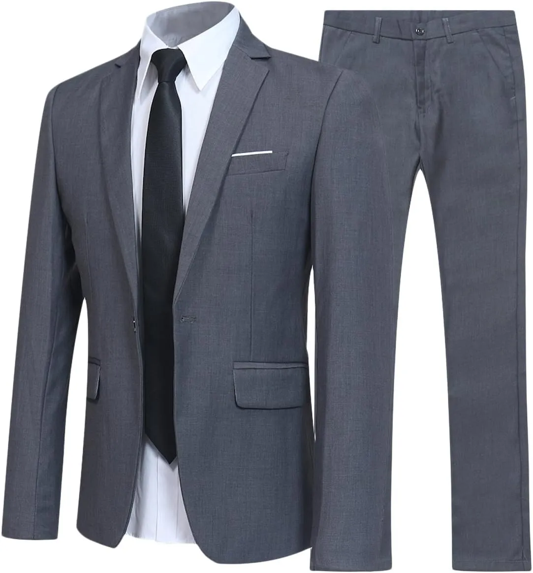 YFFUSHI Men's Slim Fit 2 Piece Suit Solid One Button Casual Formal Wedding Blazer Jacket Pants Set