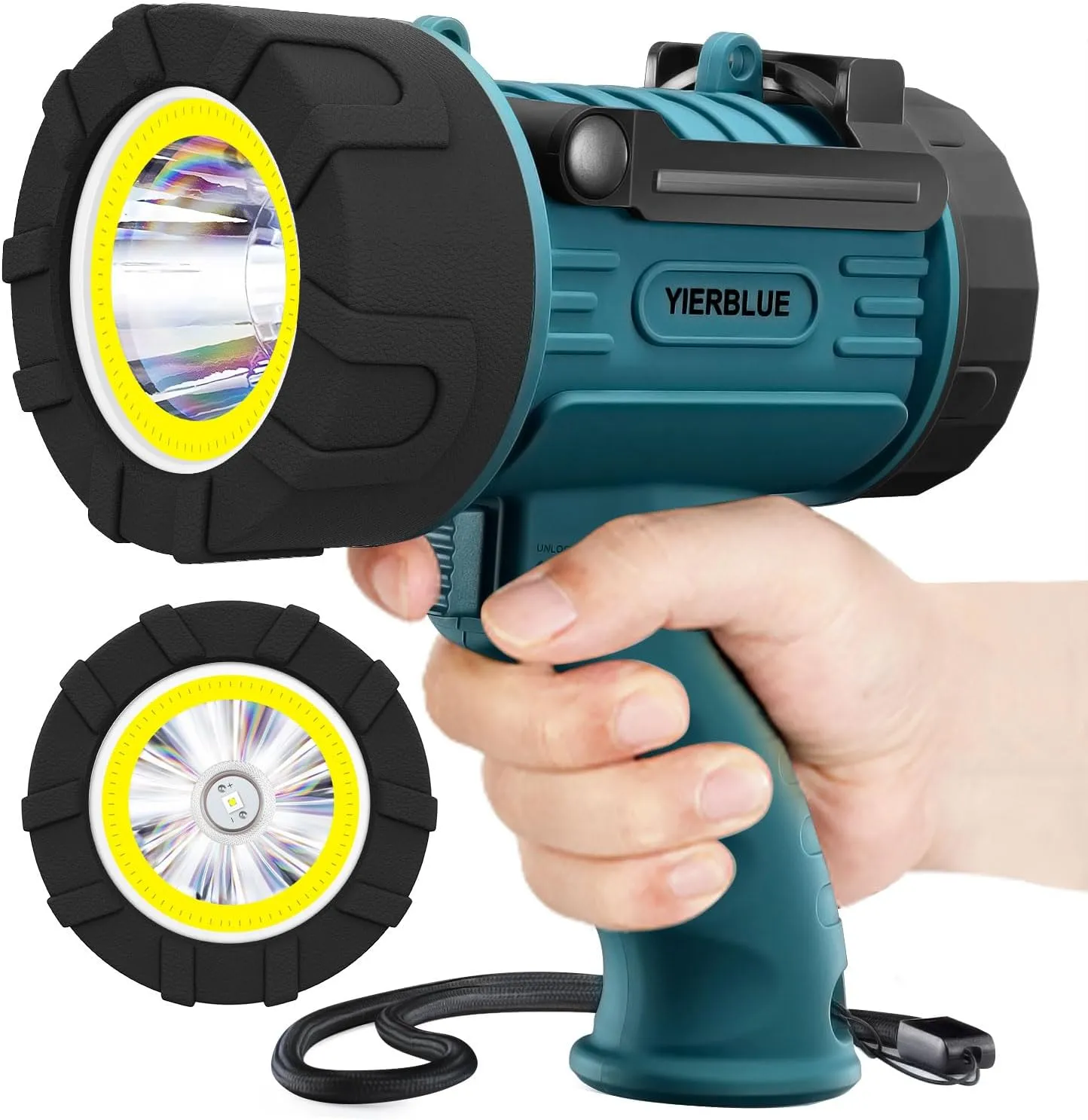 YIERBLUE Rechargeable Spotlight Floodlight Combo 1500 Lumen LED, IP67 Waterproof Spot Light COB Flood Light, Impact Resistant Handheld Spotlight with Foldable Stand and Detachable Red Lens