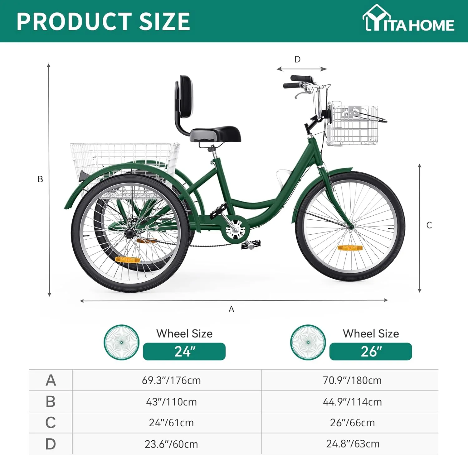 YITAHOME 24 & 26 Inch Adult Tricycle, 1 & 7 Speed 3 Wheel Bikes, Large Seat with Backrest Trike for Adults with Front & Rear Baskets, Cruiser Bike for Seniors Women Men Commute Picnic Outdoor