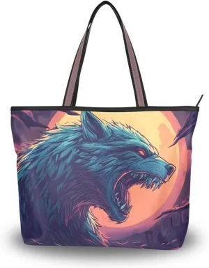 YMXFXP Lightweight Tote Bag Werewolf Roar Moon for Women Durable Designer Handbag with Zipper for Daily Use L