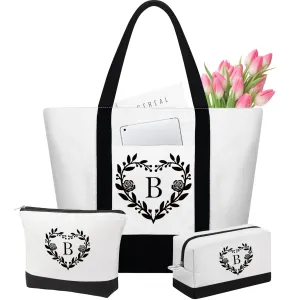 YOOLIFE Birthday Gifts for Women - 30th Birthday Gifts for Her Canvas Tote Bag with 2 Makeup Bags Gifts for Mom Wedding Gifts Teacher Gifts Bridesmaid Gifts Thank You Bags Gifts for Women Initial B