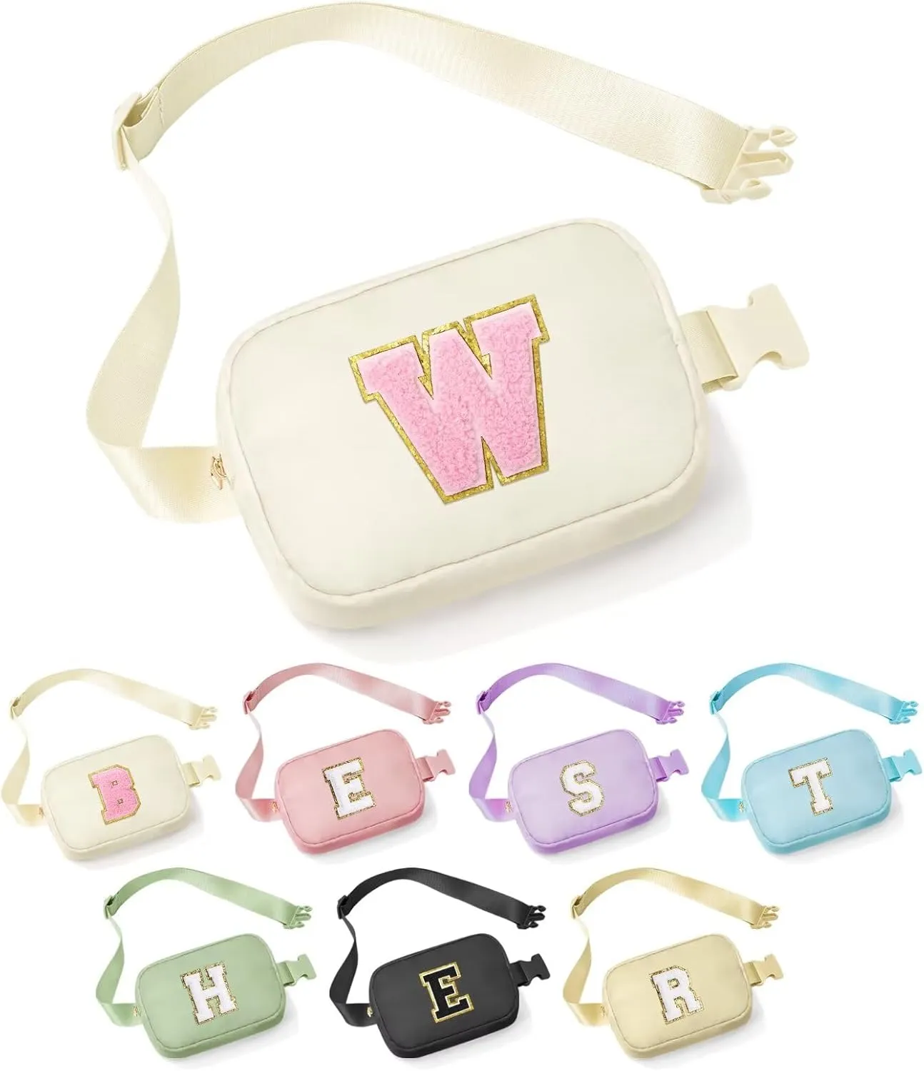 YOOLIFE Initial Sling Bag for Women - Bum Bag Chest Bag for Women Belt Bag Small Crossbody Bags Fanny Packs for Women Personalized Birthday Gifts Christmas Gifts for Women W, Beige