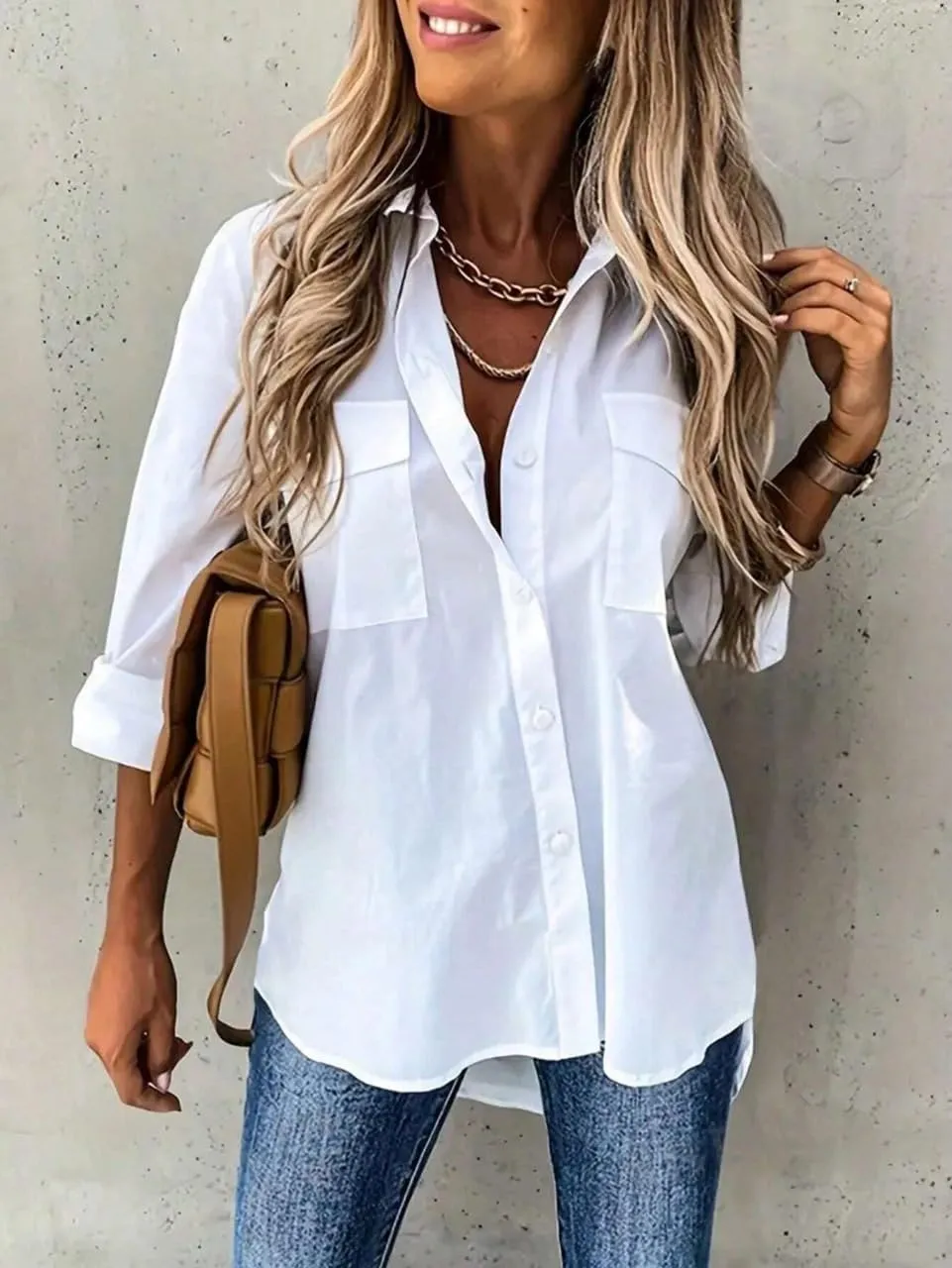 Zeagoo Womens Button Down Shirts Casual Long Sleeve Drop Shoulder Blouses Solid Color Dress Shirts with Pockets