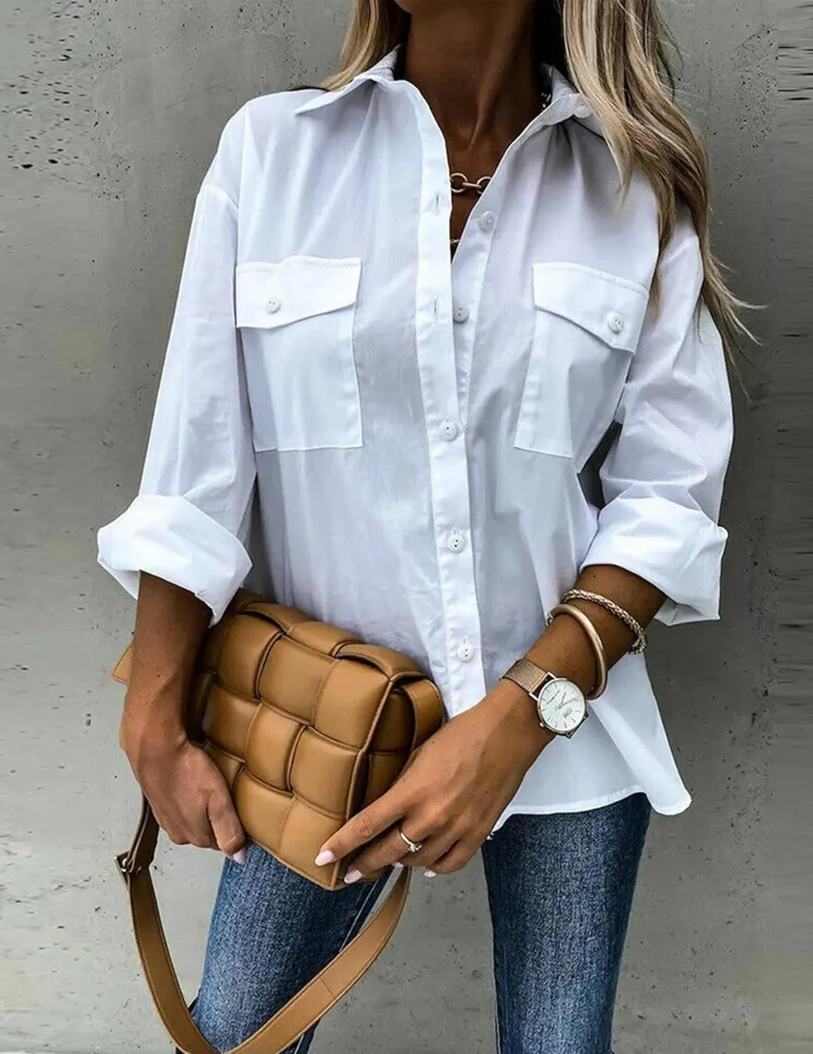 Zeagoo Womens Button Down Shirts Casual Long Sleeve Drop Shoulder Blouses Solid Color Dress Shirts with Pockets