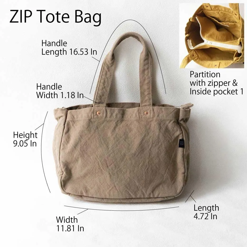 ZIP Tote Bag Cotton100% Canvas Zipper Fastener Simple japan Washable Sholder hand Bag (VC-23)