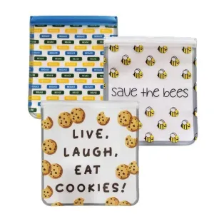 Ziparoos Reusable 3-piece Quart Storage Bag Set - Save the Bees, Eat Cookies, Reduce/Reuse/Recycle