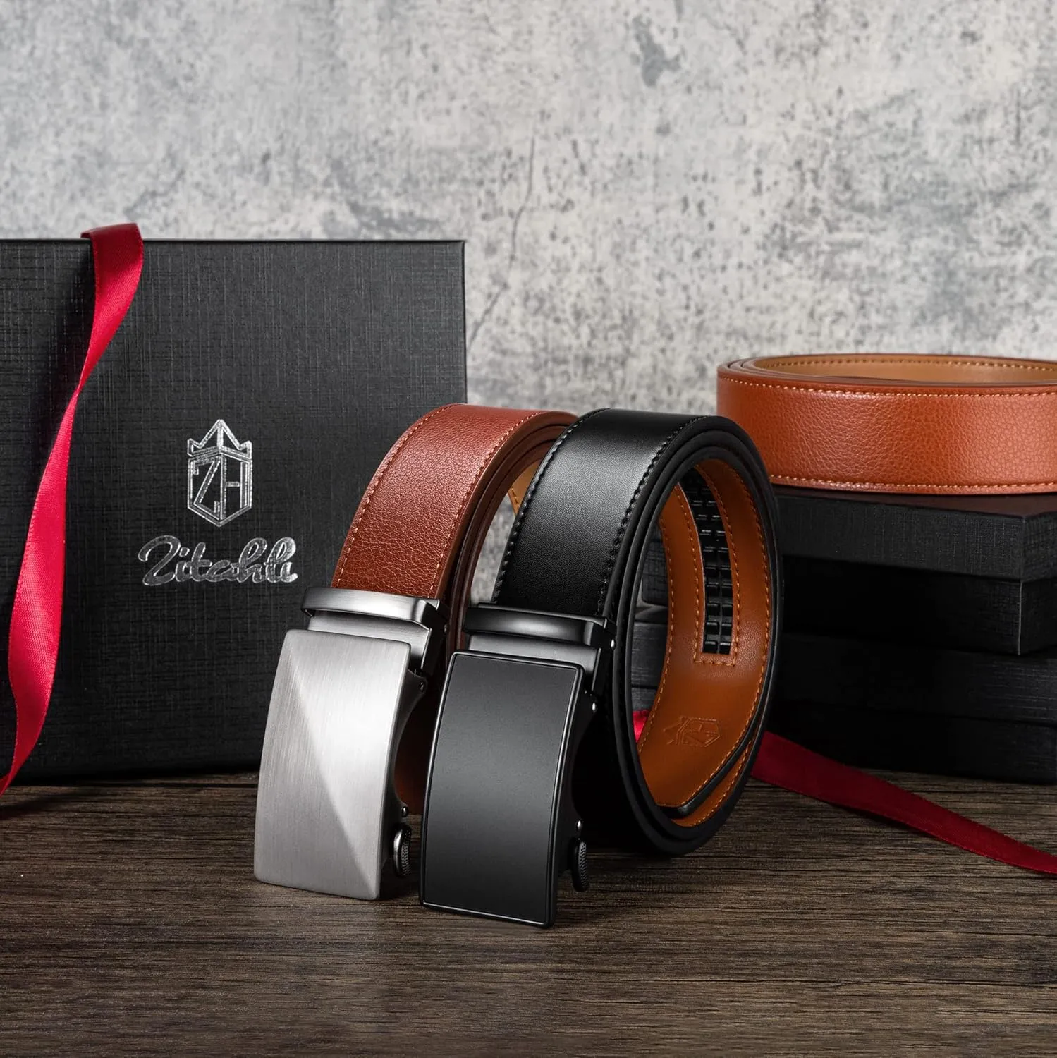 Zitahli Ratchet Belt for Men - 2 Packs Leather Mens belt For Gift Men Dress and Casual,Trim to Fit