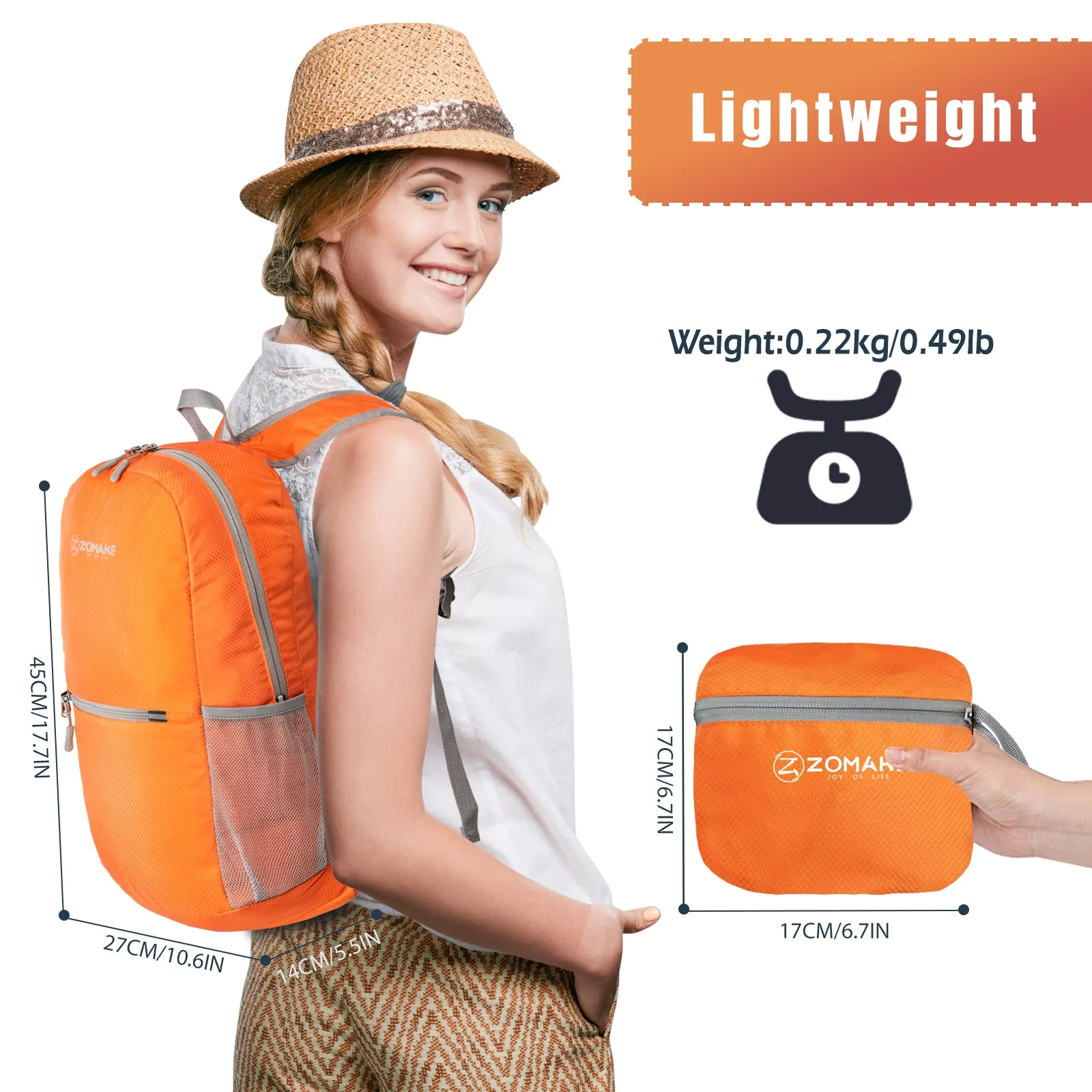 ZOMAKE Ultra Lightweight Hiking Backpack 20L, Packable Small Backpacks Water Resistant Daypack for Women Men(Orange)