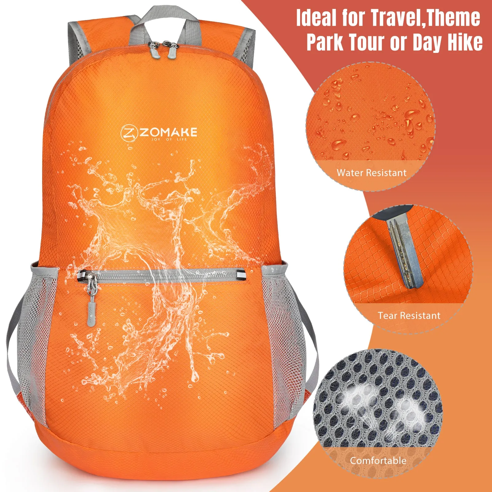 ZOMAKE Ultra Lightweight Hiking Backpack 20L, Packable Small Backpacks Water Resistant Daypack for Women Men(Orange)