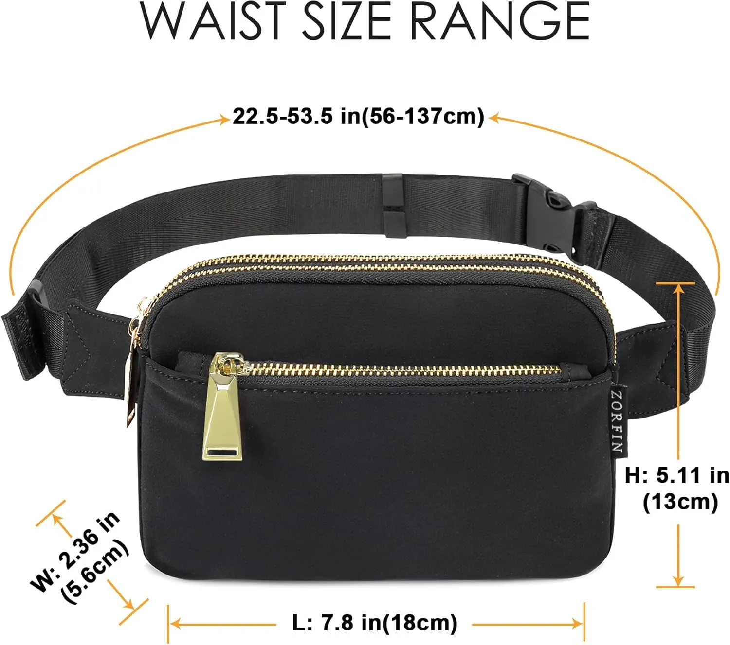 ZORFIN Fanny Packs for Women Men: Crossbody Belt Bag with Adjustable Strap - Fashion Waist Packs for Workout Running Traveling Hiking Black