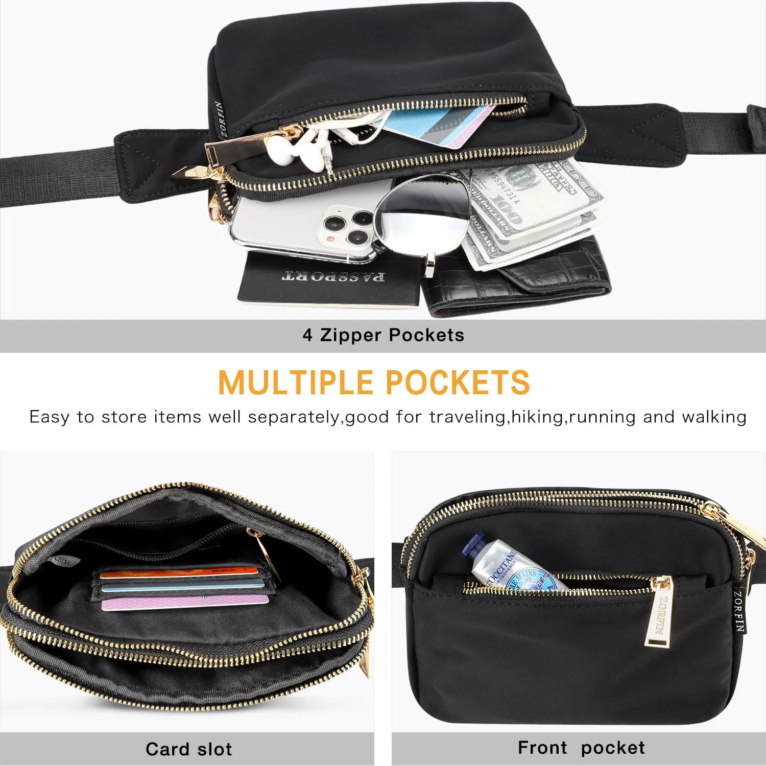 ZORFIN Fanny Packs for Women Men: Crossbody Belt Bag with Adjustable Strap - Fashion Waist Packs for Workout Running Traveling Hiking Black