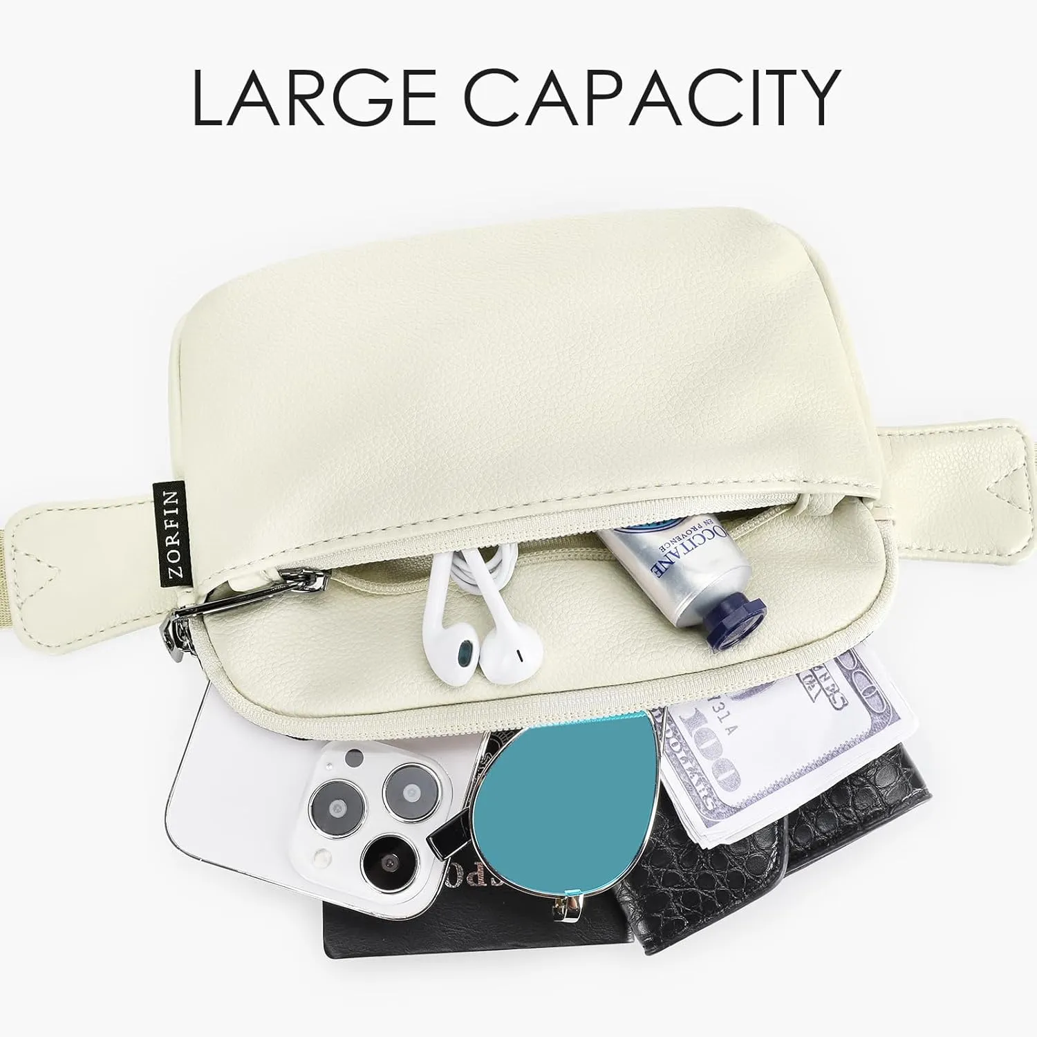 ZORFIN Leather Fanny Pack for Women Men: Crossbody Belt Bag with Adjustable Strap - Fashion Waist Packs for Workout Running Traveling Hiking Beige
